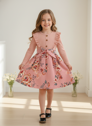 VigoSource Girls Autumn Pink Ruched Top Print Dress