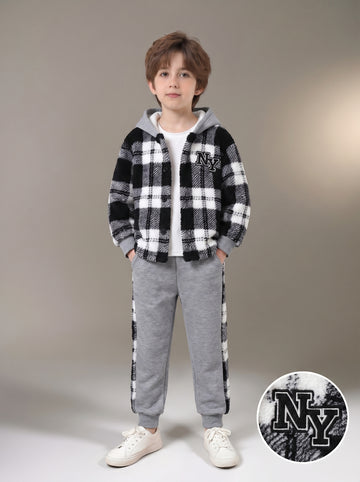 VigoSource Boys Autumn/winter New Black and White Plaid Hooded Warm Car...