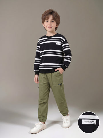 VigoSource Boys Loose Striped Ribbed Long-sleeve Sweatshirt with a Roun...