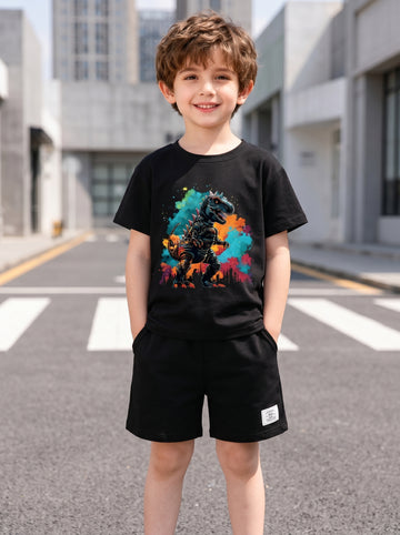 VigoSource Boys Summer Casual Outfit : Round-neck Short-sleeve Dinosaur Print...