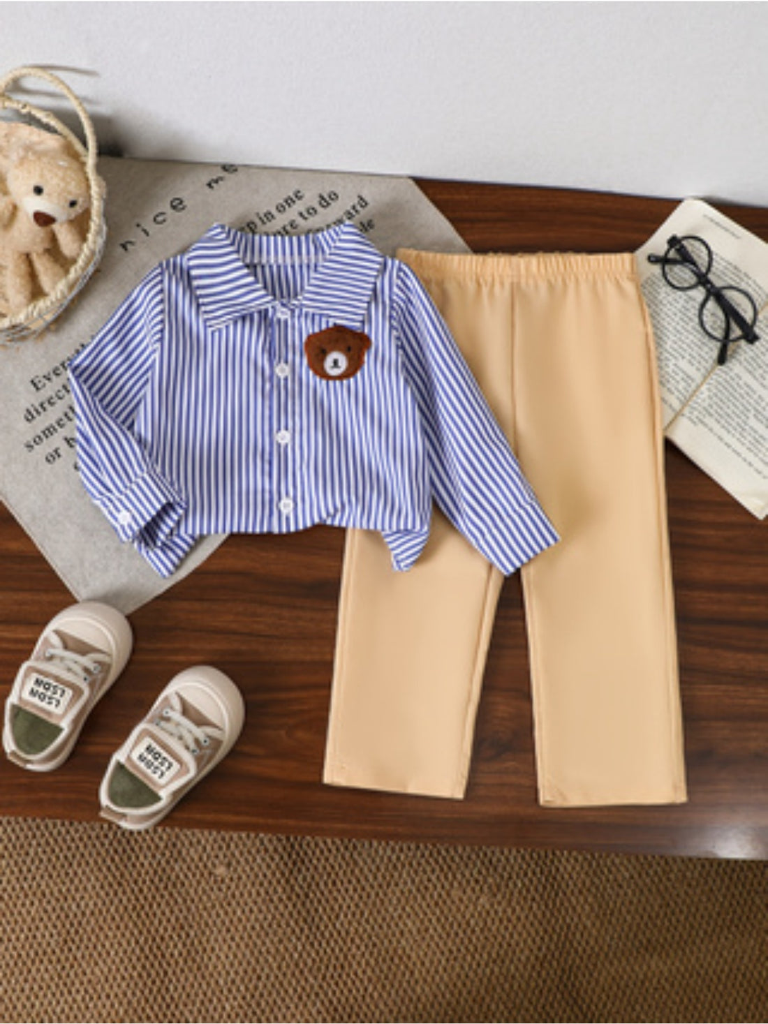 VigoSource Boys Blue and White Striped Long-sleeve Shirt with Bear Em...