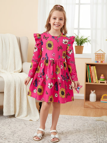 VigoSource Girls Floral Knit Long Sleeve Crew Neck Floral Dresse...