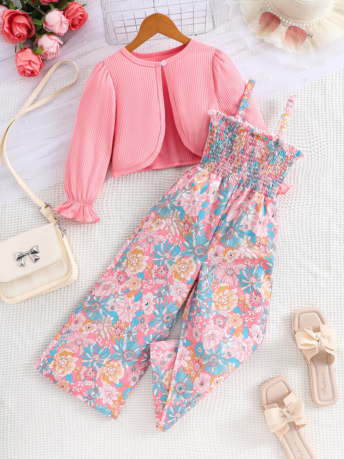 VigoSource Girls 2pcs Open Front Cardigan + Floral Strap Romper Set For...
