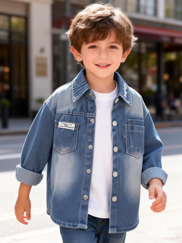 VigoSource Boys Fashionable Letter Embroidery Lapel Long Sleeve