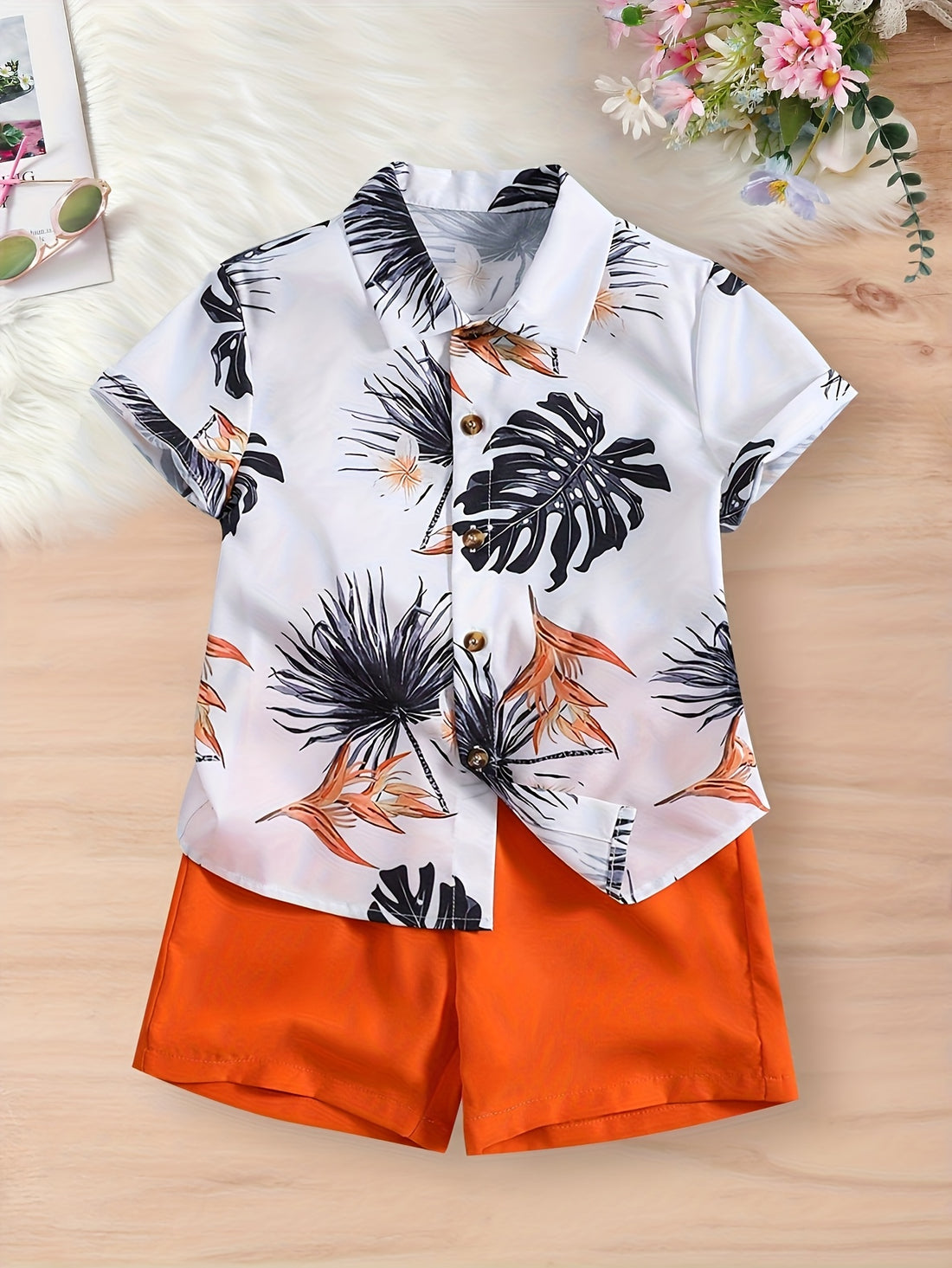 VigoSource Boys Shorts Set: Fashionable Tropical Print Shirt, Stylish A...