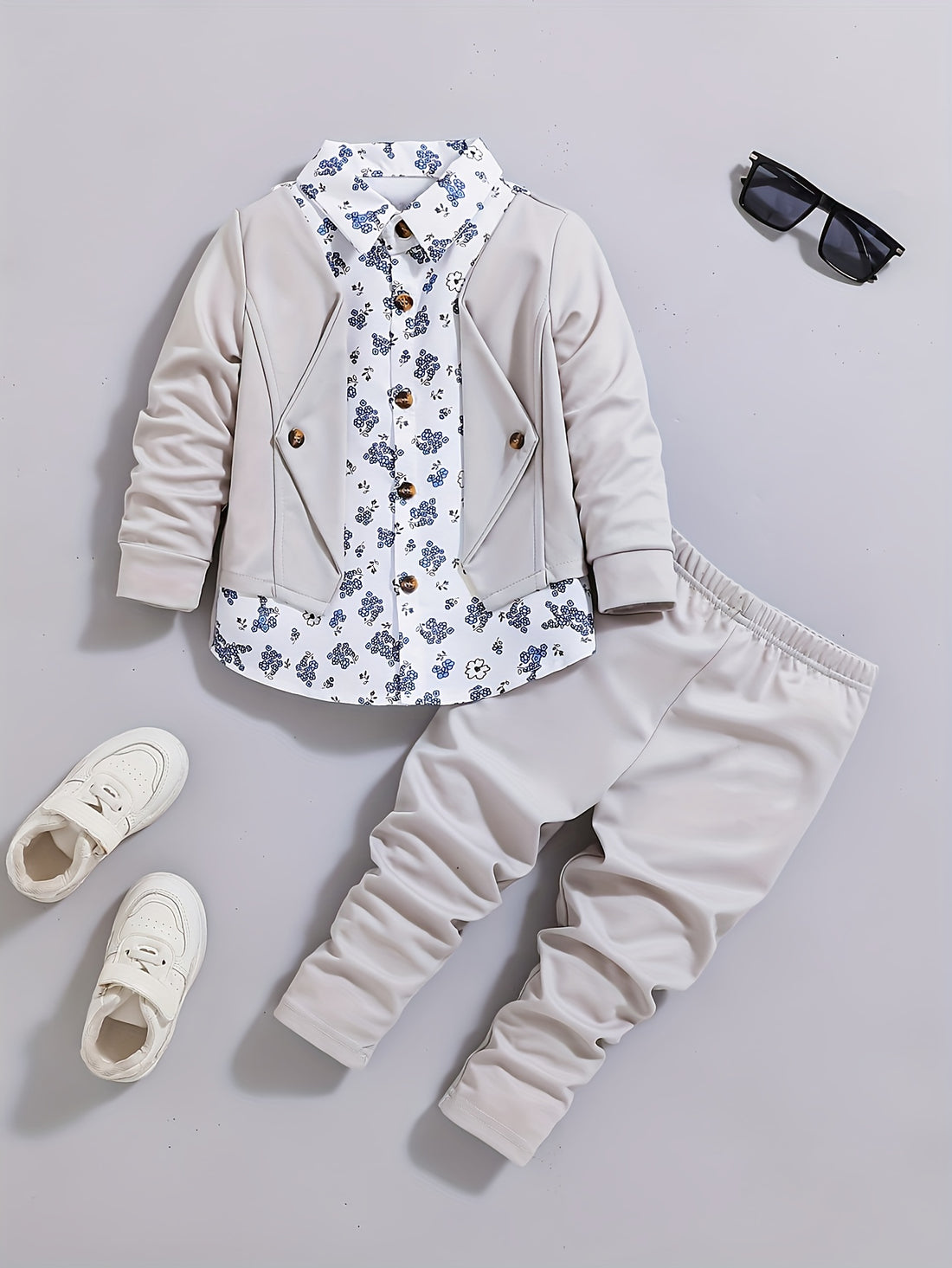 VigoSource Boys Spring and Autumn Lapel Floral Shirt Fake Two-piece Jac...