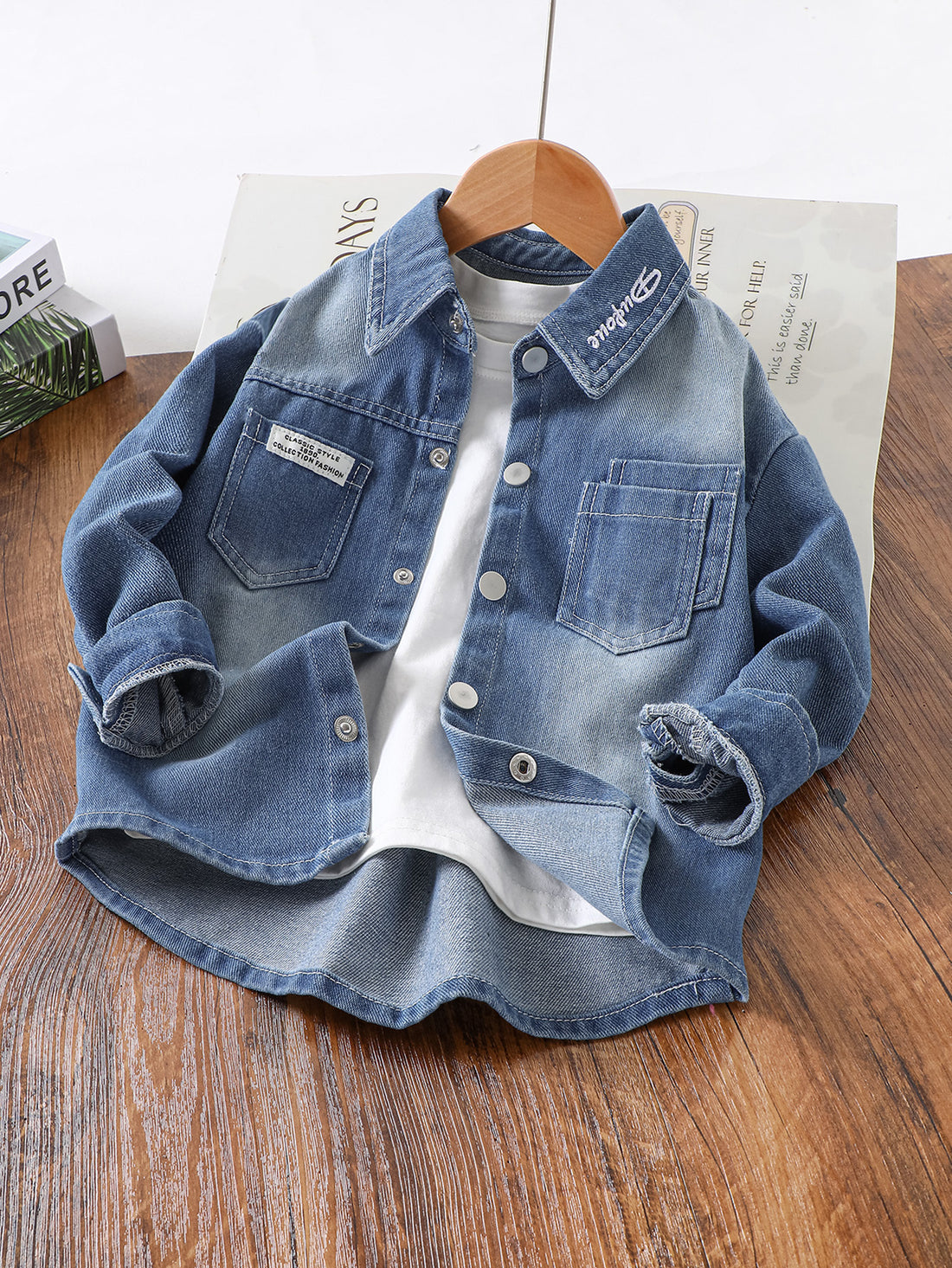 VigoSource Boys Fashionable Letter Embroidery Lapel Long Sleeve