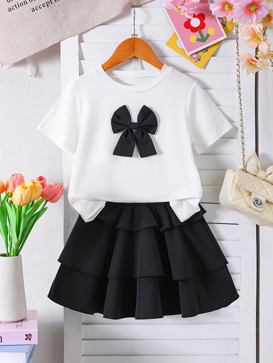 VigoSource Girls 2pcs Summer Fashionable Casual Cute Bow Tie T-Shirt An...