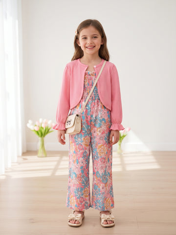 VigoSource Girls 2pcs Open Front Cardigan + Floral Strap Romper Set For...