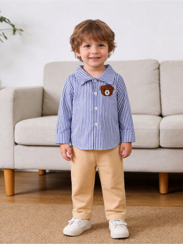 VigoSource Boys Blue and White Striped Long-sleeve Shirt with Bear Em...