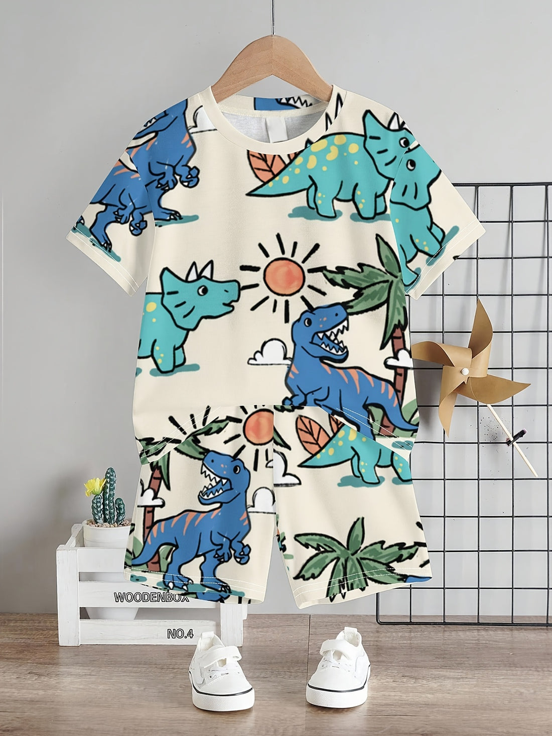 VigoSource Boys Summer New Arrival Cute Cartoon Dinosaur Print Round Ne...