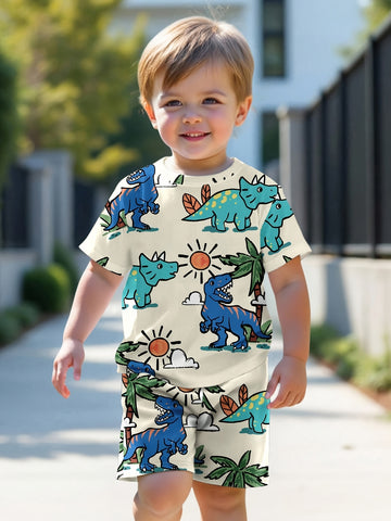 VigoSource Boys Summer New Arrival Cute Cartoon Dinosaur Print Round Ne...