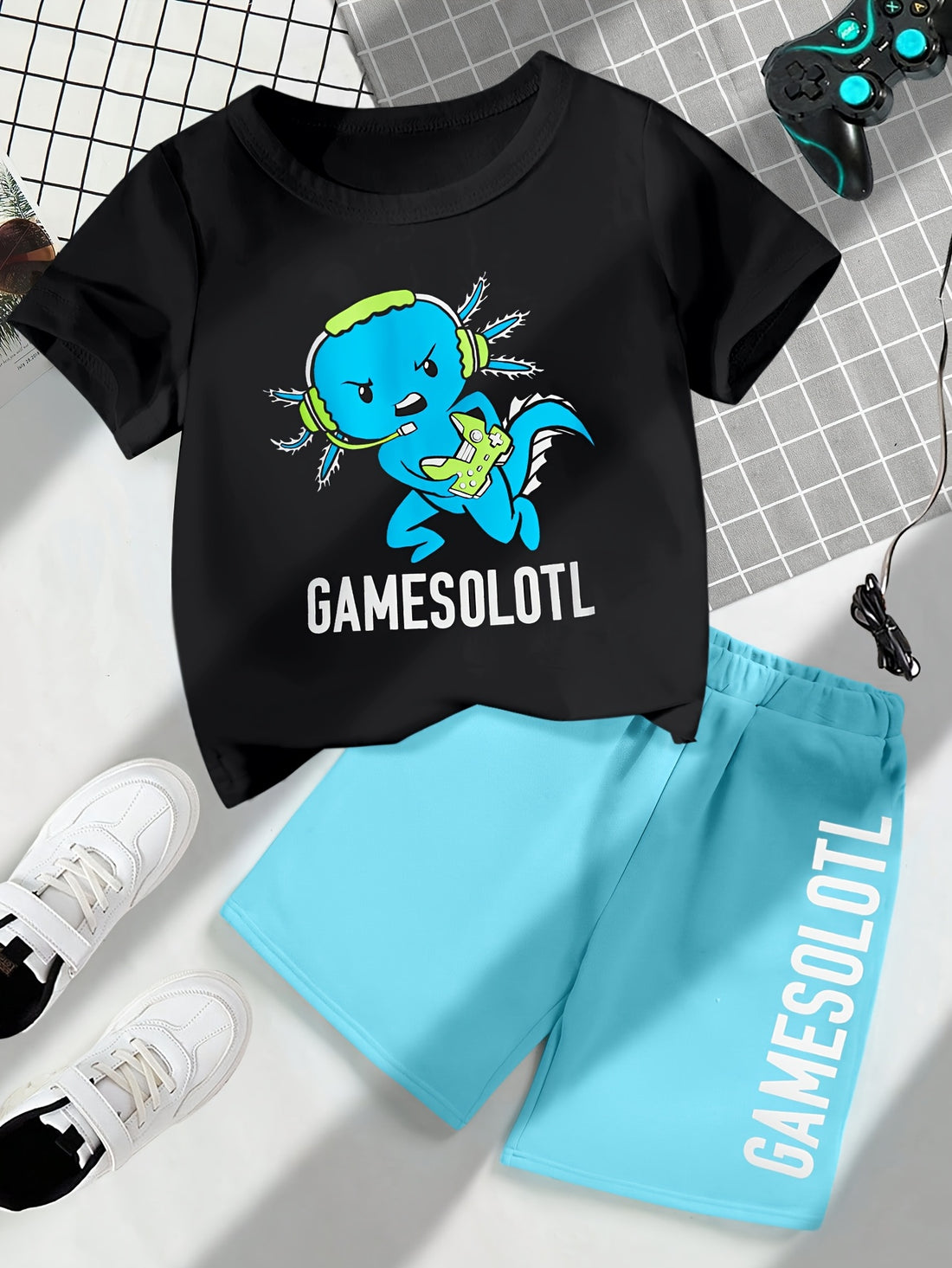 VigoSource Boys 2pcs Summer Casual Simple Basic Cartoon Print Round-nec...