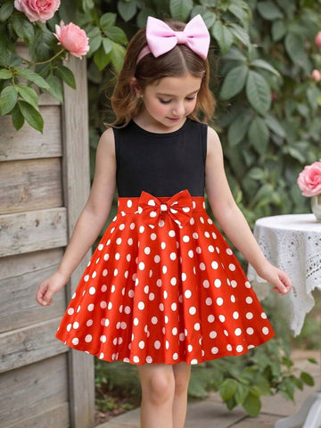 VigoSource Girls 1pc Summer Young Lovely Bowknot Polka Dot Sleeveless Dress