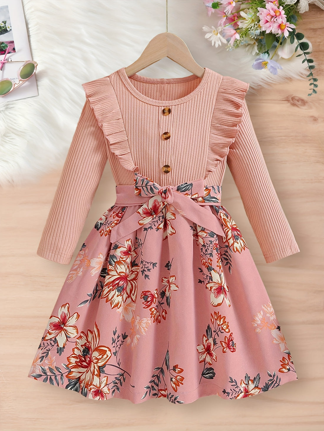 VigoSource Girls Autumn Pink Ruched Top Print Dress