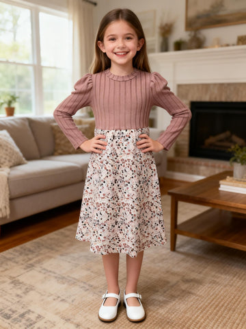 VigoSource Girls Ribbed Knit Printed Dress Mauve