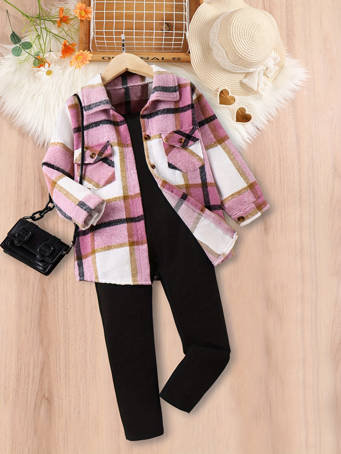 VigoSource Girls Pink Checkered Long-sleeve Top and Long Pants Two-piece Set I...